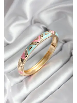 Mineli Pirinç Mavi Ve Pembe Üçgen Desenli Gold Renk Kadın Kelepçe (çap 60 mm)