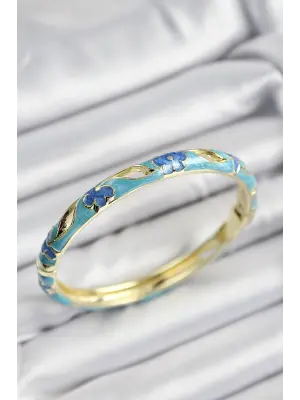 Mineli Pirinç Mavi Ve Turkuaz Çiçek Motifli Gold Renk Kadın Kelepçe