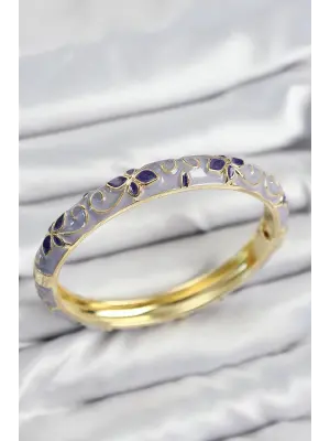 Mineli Pirinç Mor Çiçek Motifli Gold Kadın Kelepçe