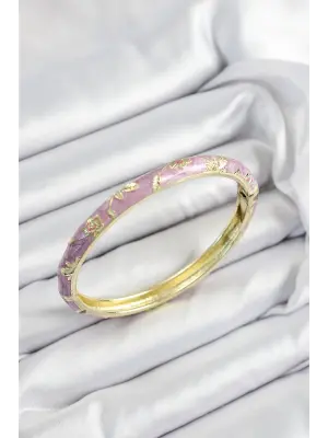 Mineli Pirinç Mor Çiçek Motifli Gold Renk Kadın Kelepçe
