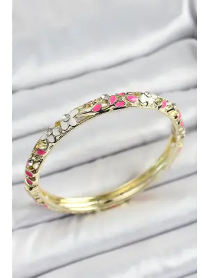 Mineli Pirinç Pembe Beyaz Çiçek Motifli Kadın Kelepçe