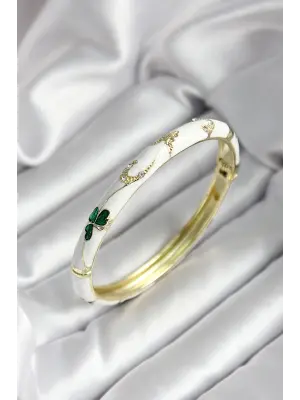 Mineli Pirinç Pembe Çiçek Desenli Gold Renk Kadın Kelepçe