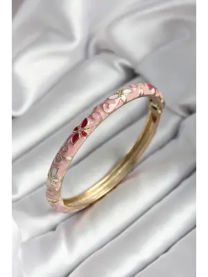 Mineli Pirinç Pembe Çiçek Desenli Gold Renk Kadın Kelepçe