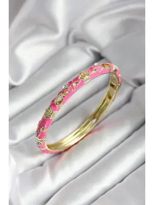 Mineli Pirinç Pembe Çiçek Desenli Gold Renk Kadın Kelepçe