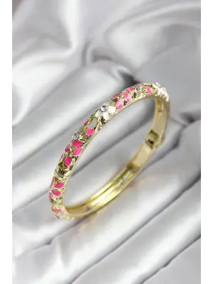 Mineli Pirinç Pembe Çiçek Desenli Gold Renk Kadın Kelepçe