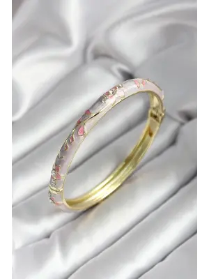 Mineli Pirinç Pembe Çiçek Desenli Gold Renk Kadın Kelepçe