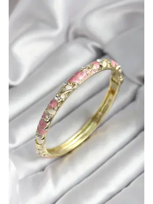 Mineli Pirinç Pembe Çiçek Desenli Zirkon Taşlı Gold Renk Kadın Kelepçe