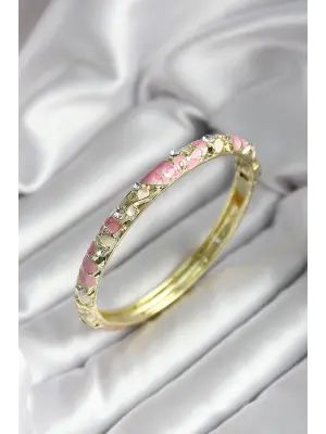 Mineli Pirinç Pembe Çiçek Desenli Zirkon Taşlı Gold Renk Kadın Kelepçe