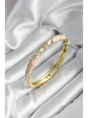 Mineli Pirinç Pembe Çiçek Desenli Zirkon Taşlı Gold Renk Kadın Kelepçe