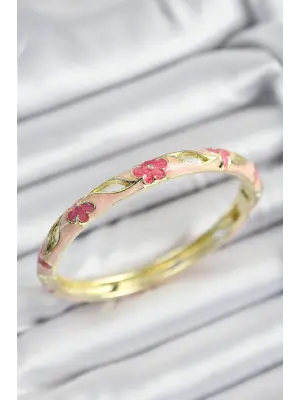 Mineli Pirinç Pembe Çiçek Motifli Gold Renk Kadın Kelepçe