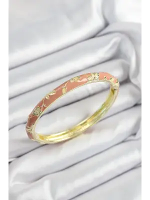 Mineli Pirinç Pembe Çiçek Motifli Gold Renk Kadın Kelepçe