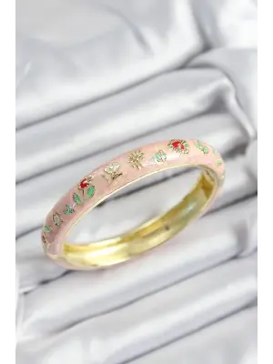 Mineli Pirinç Pembe Çiçek Motifli Gold Renk Kadın Kelepçe