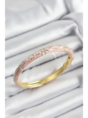 Mineli Pirinç Pembe Çiçek Motifli Gold Renk Kadın Kelepçe
