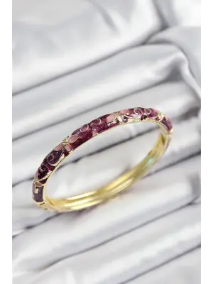 Mineli Pirinç Pembe Ve Fuşya Çiçek Motifli Gold Renk Kadın Kelepçe