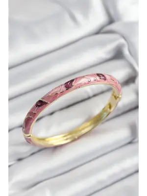 Mineli Pirinç Pembe Ve Fuşya Yaprak Motifli Gold Renk Kadın Kelepçe