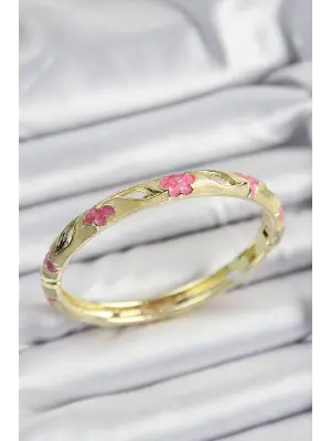 Mineli Pirinç Pembe Ve Hardal Çiçek Motifli Gold Renk Kadın Kelepçe