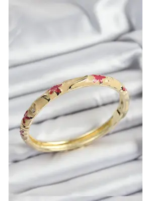 Mineli Pirinç Pembe Ve Krem Çiçek Motifli Gold Renk Kadın Kelepçe