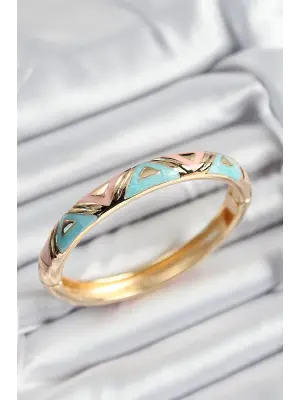 Mineli Pirinç Pembe Ve Mavi Üçgen Motifli Gold Renk Kadın Kelepçe