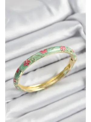 Mineli Pirinç Pembe Ve Yeşil Çiçek Motifli Gold Renk Kadın Kelepçe