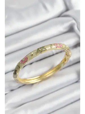 Mineli Pirinç Pembe Ve Yeşil Çiçek Motifli Gold Renk Kadın Kelepçe