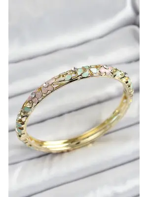 Mineli Pirinç Pembe Yeşil Çiçek Desenli Zirkon Taşlı Kadın Kelepçe