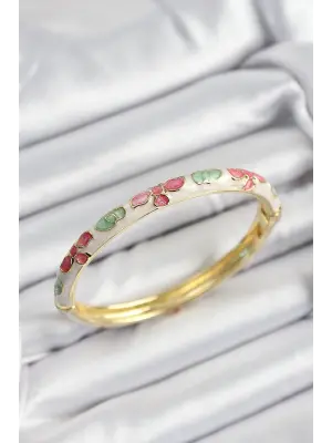 Mineli Pirinç Pembe Yeşil Ve Krem Çiçek Motifli Gold Renk Kadın Kelepçe