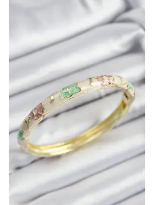 Mineli Pirinç Pembe Yeşil Ve Krem Çiçek Motifli Gold Renk Kadın Kelepçe
