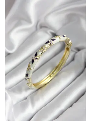 Mineli Pirinç Siyah Çiçek Desenli Zirkon Taşlı Gold Renk Kadın Kelepçe (çap 60 mm)