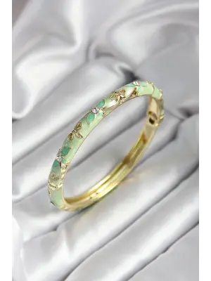 Mineli Pirinç Su Yeşili Çiçek Desenli Zirkon Taşlı Gold Renk Kadın Kelepçe