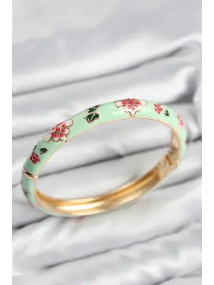 Mineli Pirinç Su Yeşili Çiçek Motifli Gold Kadın Kelepçe