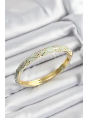 Mineli Pirinç Su Yeşili Çiçek Motifli Gold Renk Kadın Kelepçe