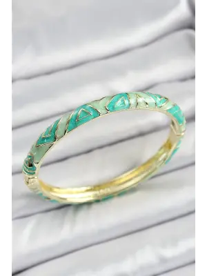 Mineli Pirinç Su Yeşili Geometrik Desenli Kadın Kelepçe