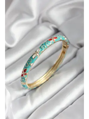 Mineli Pirinç Turkuaz Çiçek Desenli Gold Renk Kadın Kelepçe (çap 60 mm)