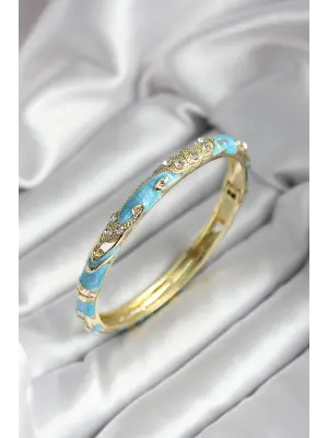 Mineli Pirinç Turkuaz Çiçek Desenli Zirkon Taşlı Gold Renk Kadın Kelepçe