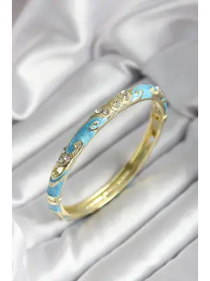 Mineli Pirinç Turkuaz Çiçek Desenli Zirkon Taşlı Gold Renk Kadın Kelepçe