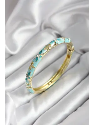 Mineli Pirinç Turkuaz Çiçek Desenli Zirkon Taşlı Gold Renk Kadın Kelepçe (çap 60 mm)
