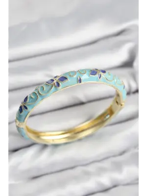 Mineli Pirinç Turkuaz Çiçek Motifli Gold Kadın Kelepçe