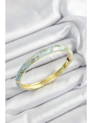 Mineli Pirinç Turkuaz Çiçek Motifli Gold Renk Kadın Kelepçe