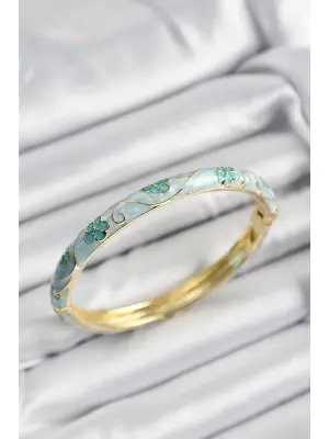 Mineli Pirinç Turkuaz Çiçek Motifli Gold Renk Kadın Kelepçe