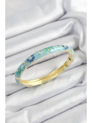 Mineli Pirinç Turkuaz Mavi Çiçek Motifli Gold Renk Kadın Kelepçe