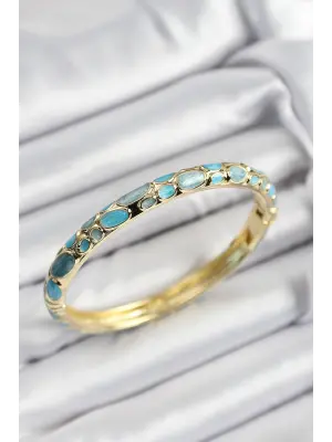 Mineli Pirinç Turkuaz Petek Motifli Gold Renk Kadın Kelepçe