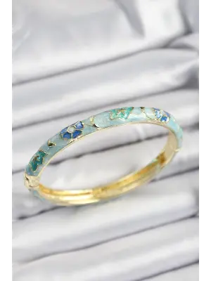 Mineli Pirinç Turkuaz Ve Mavi Çiçek Motifli Gold Renk Kadın Kelepçe