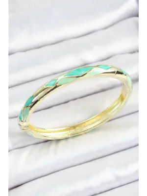 Mineli Pirinç Turkuaz Yeşil Baklava Desenli Gold Renk Kadın Kelepçe