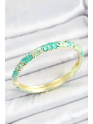 Mineli Pirinç Turkuaz Yeşil Sarmal Desenli Gold Renk Kadın Kelepçe