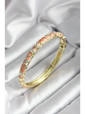 Mineli Pirinç Yavru Ağzı Çiçek Desenli Zirkon Taşlı Gold Renk Kadın Kelepçe