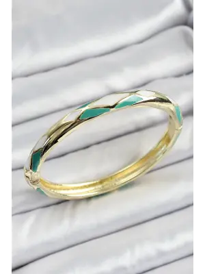 Mineli Pirinç Yeşil Beyaz Geometrik Desenli Kadın Kelepçe