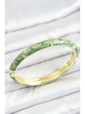 Mineli Pirinç Yeşil Çiçek Desenli Gold Renk Kadın Kelepçe