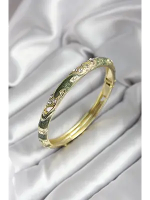 Mineli Pirinç Yeşil Çiçek Desenli Gold Renk Kadın Kelepçe