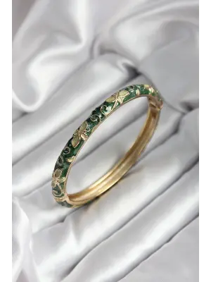 Mineli Pirinç Yeşil Çiçek Desenli Gold Renk Kadın Kelepçe (çap 60 mm)