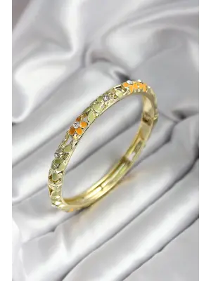 Mineli Pirinç Yeşil Çiçek Desenli Zirkon Taşlı Gold Renk Kadın Kelepçe